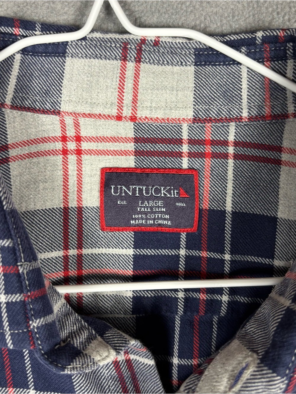 UNTUCKit Campeneta Plaid Shirt Large Tall Slim Cotton Navy Red Button Down - Picture 2 of 9